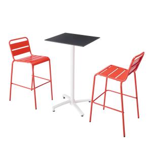 Mesa alta de conjunto en negro y 2 sillas altas en rojo