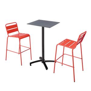 Mesa alta de conjunto laminado gris y 2 sillas altas rojas