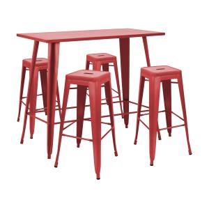 Mesa alta de jardín y 4 taburetes de metal rojo.