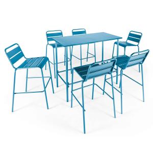 Mesa alta de jardín y 6 sillas de metal azul pacífico