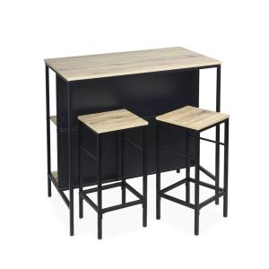 Mesa alta de madera y metal, 2 estantes, 2 taburetes, natur…