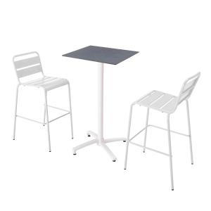 Mesa alta de pizarra gris y 2 sillas altas blancas