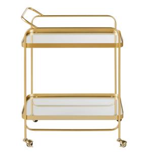 Mesa auxiliar de metal dorado y cristal sobre ruedas