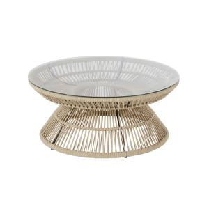 Mesa baja de jardín redonda de cuerda beige y cristal D.80