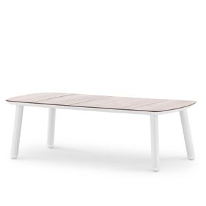 Mesa baja jardín blanco y hpl imitación madera 120x60