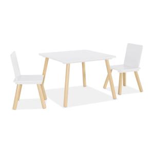 Mesa cuadrada infantill de madera de pino, 2 sillas, blanco