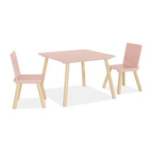 Mesa cuadrada infantill de madera de pino, 2 sillas, rosa