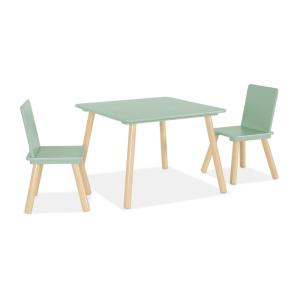 Mesa cuadrada infantill de madera de pino, 2 sillas, verde