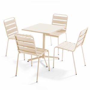 Mesa cuadrada y conjunto de 4 sillas de metal color marfil
