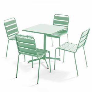 Mesa cuadrada y conjunto de 4 sillas de metal verde salvia
