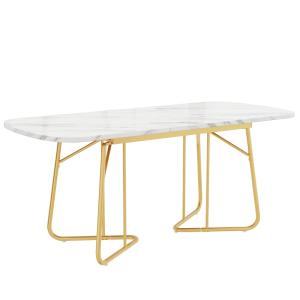 Mesa de exterior de mármol blanco con patas de metal dorado