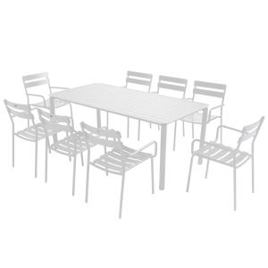 Mesa de jardín cuadrada (185 x 92 cm) y 8 sillones blancos