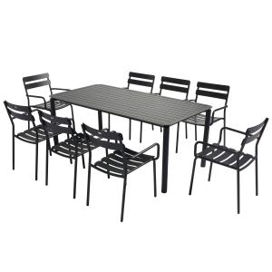 Mesa de jardín cuadrada (185 x 92 cm) y 8 sillones negros