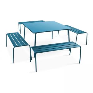 Mesa de jardín cuadrada y 4 bancos de metal azul pacífico