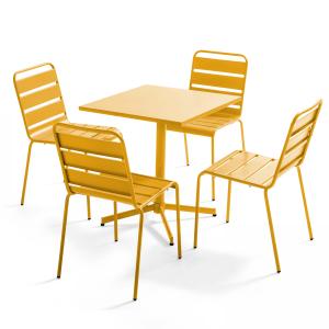 Mesa de jardín cuadrada y conjunto de 4 sillas amarillas