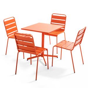 Mesa de jardín cuadrada y conjunto de 4 sillas naranjas
