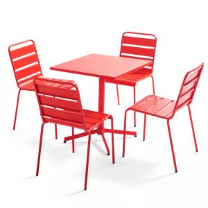 Mesa de jardín cuadrada y conjunto de 4 sillas rojas