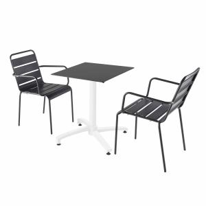 Mesa de jardín de conjunto laminado negro y 2 sillones gris…