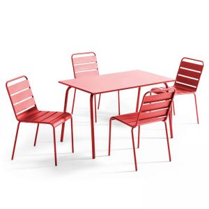 Mesa de jardín de metal y conjunto de 4 sillas rojas