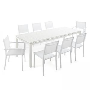 Mesa de jardín extensible de aluminio y 8 sillas blancas