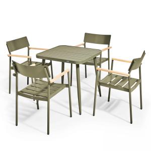 Mesa de jardín y 4 sillas de aluminio/madera verde caqui