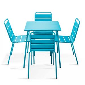 Mesa de jardín y 4 sillas de metal azul