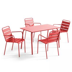 Mesa de jardín y 4 sillas de metal rojas