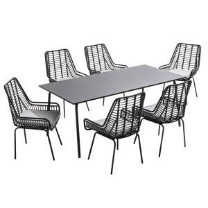 Mesa de jardín y 6 sillas de ratán sintético y acero