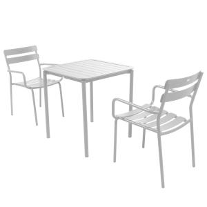 Mesa de terraza cuadrada (70 x 70 cm) y 2 sillones blancos