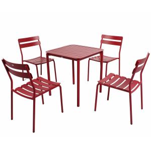 Mesa de terraza cuadrada (70 x 70 cm) y 4 sillas rojo oscuro