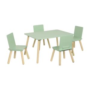 Mesa rectangular infantil de madera de pino, 4 sillas, verde