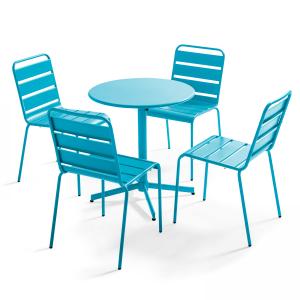 Mesa redonda de jardín y 4 sillas azules en conjunto