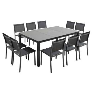 Mesa y 10 sillas de jardín de aluminio y cerámica gris