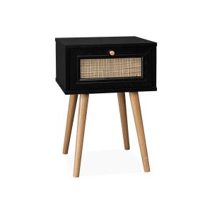 Mesita de noche con efecto madera y caña, 1 cajón, negro