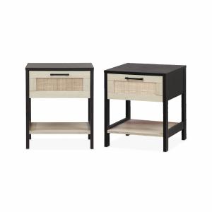 Mesita de noche con efecto madera y caña, set de 2, negro