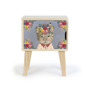 Mesita de noche de pino para niños con dibujo de gato flora…