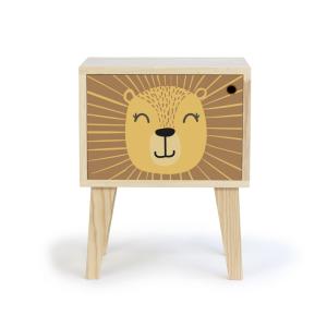 Mesita de noche de pino para niños con dibujo de león.