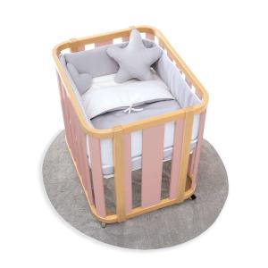 Minicuna madera/rosa 55x70 cm con colchón y textil gris