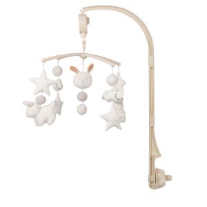 Móvil musical de estrellas y conejos, beige y camel