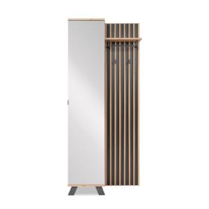 Mueble de entrada con espejo moderno, zapatero y perchero.