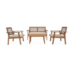 Muebles de jardín de madera y caña cuadrada, 4 plazas, natu…