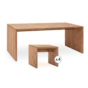Pack mesa de comedor y 4 taburetes de madera maciza envejec…