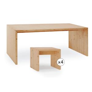 Pack mesa de comedor y 4 taburetes de madera maciza tono me…