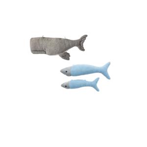 Pack peluches pared beluga gris y mini peces azul claro