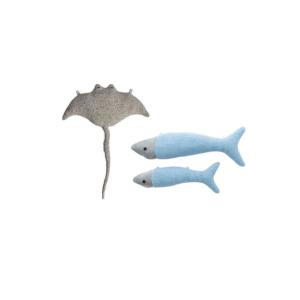 Pack peluches pared manta raya gris y mini peces azul