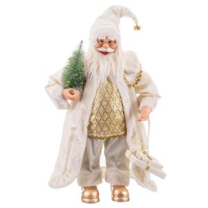 Papá Noel con regalos de tela blanco y dorado
