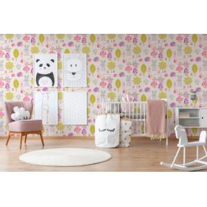 papel pintado bosque con animales del bosque verde, rosa y…