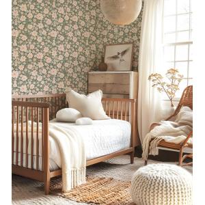 Papel pintado con estampado de flores rosas, papel verde 50…