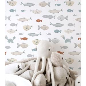 Papel pintado con estampado de pez y mar, papel blanco 50 c…