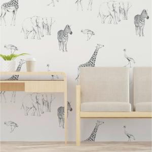 Papel pintado con motivos animales de la sabana, Blanco y ne